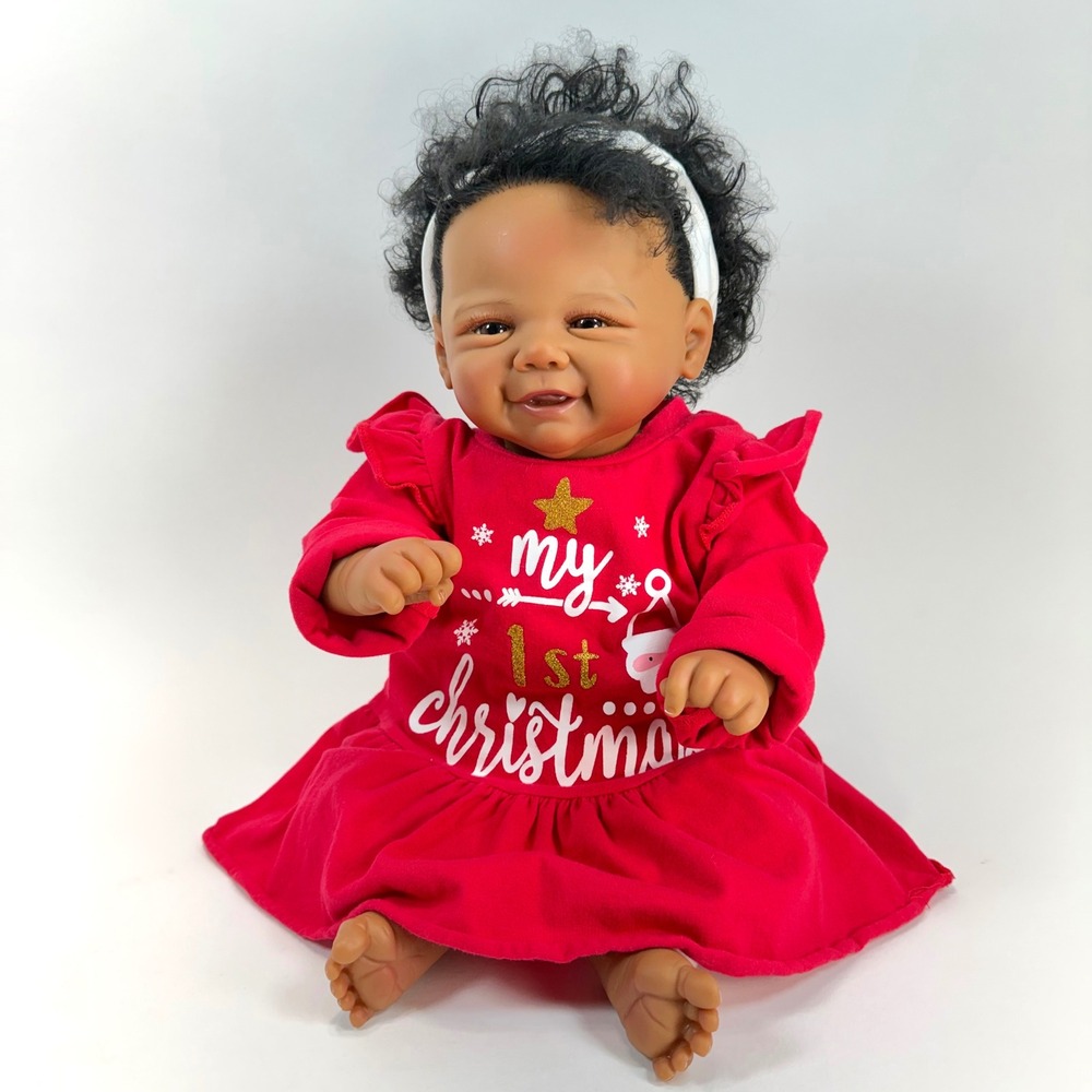 Reborn Baby Doll Black Curly Hair Realistic Weighted Cloth Body Christmas Outfit